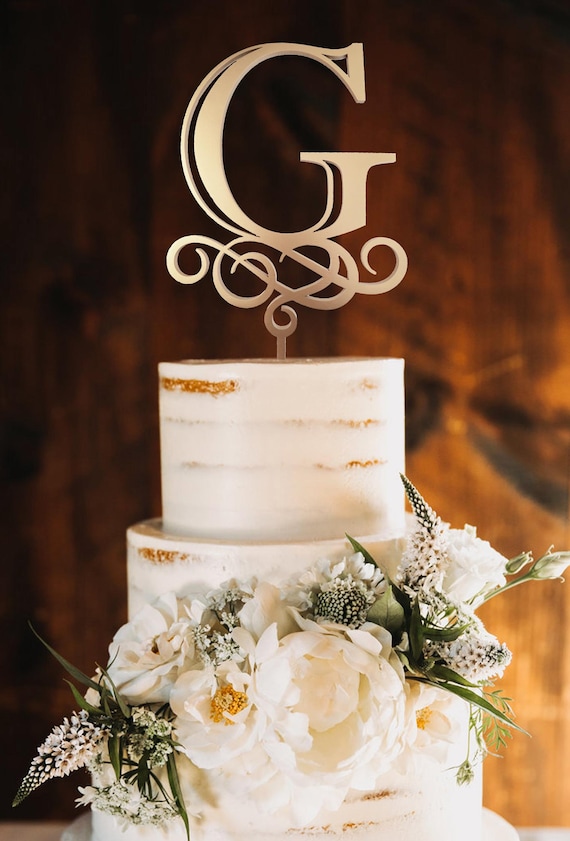 Décoration De Gâteau De Mariage Rustique : Monogramme H Initial, Couronne De Fleurs - France