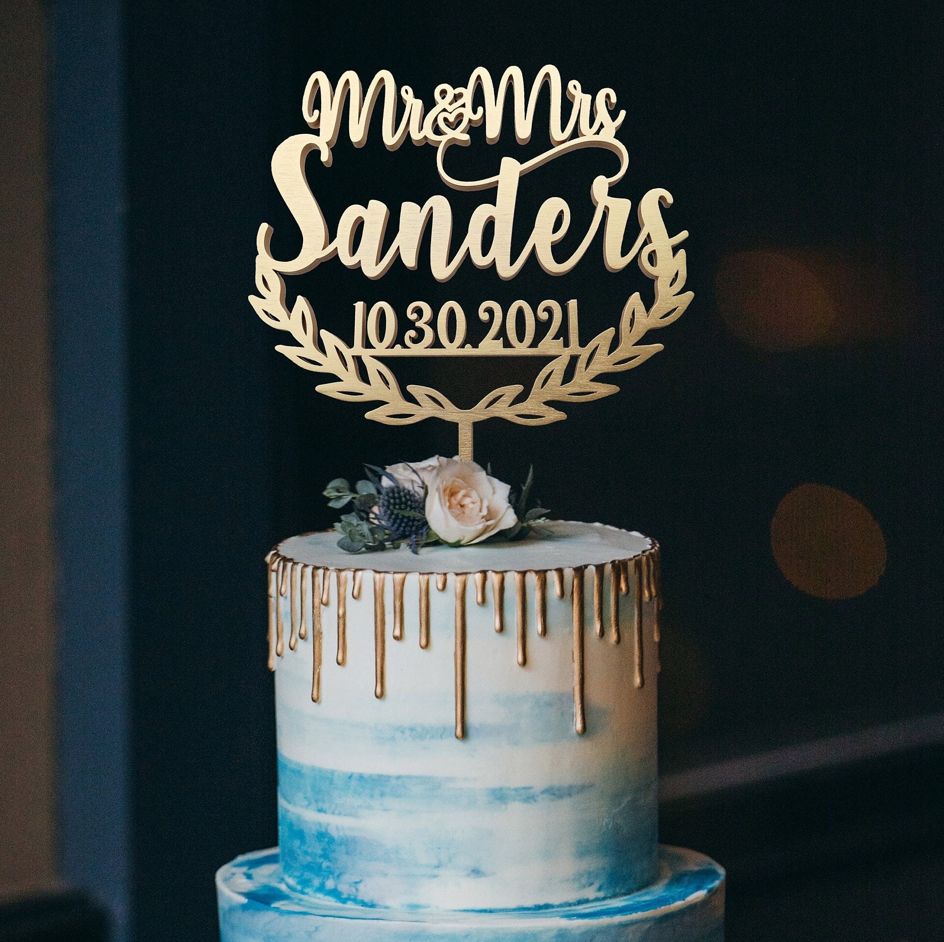 Adorno para tarta de bodas con fecha, apellido del Sr. y la Sra., adorno  personalizado para tarta de aniversario de oro para boda. - Etsy México, image size:1925x1922