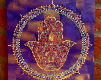 Handpainted Hamsa Mandala Art: Customizable Spiritual Wall Decor