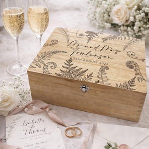 Large Personalised Engraved Wooden Wedding Keepsake Memory Box with Ferns