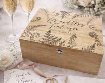 Large Personalised Engraved Wooden Wedding Keepsake Memory Box with Ferns