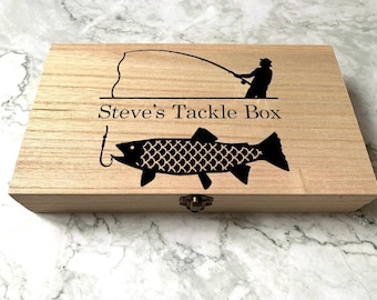 Personalised Engraved Wooden Fishing Box, Tackle Box with Fisherman and Fish