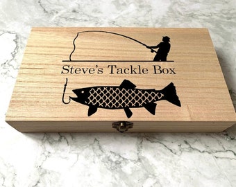 Personalised Engraved Wooden Fishing Box, Tackle Box with Fisherman and Fish