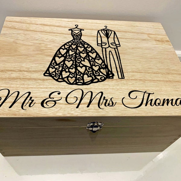 Large Personalised Engraved Wooden Mr & Mrs Wedding Keepsake Memory Box with Wedding Dress