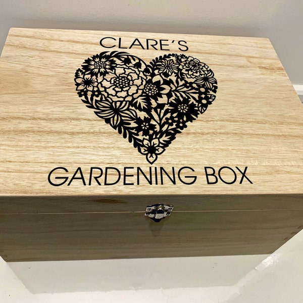 Large Personalised Engraved Wooden Floral Gardening Box with Flower Heart