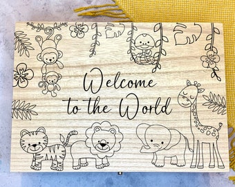 Large Personalised Engraved Wooden Baby Initial Keepsake Memory Box with Jungle Animals, Lion, Tiger, Giraffe, Elephant, Monkey, Snake