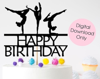 Gymnast Gymnastics Happy Birthday cake topper digital cut file suitable for Cricut or Silhouette, svg, jpeg, png, pdf