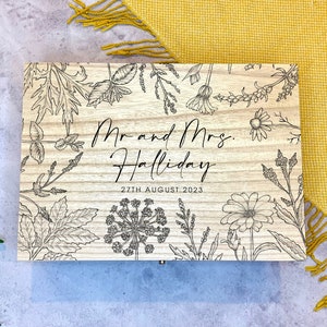 Large Personalised Engraved Wooden Wedding Keepsake Memory Box with Flowers and Herbs
