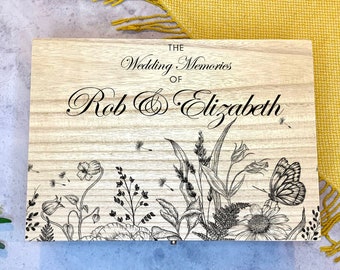 Large Personalised Engraved Wooden Wedding Keepsake Memory Box with Botanical Flowers