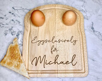 Personalised Eggsclusively Egg Pun Engraved Wooden Egg and Toast Breakfast Board, Dippy Egg Boards