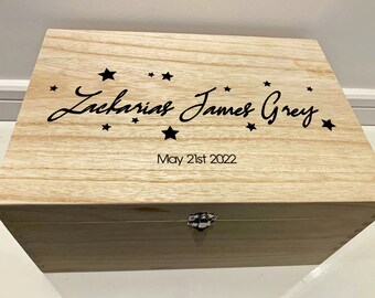 Large Personalised Engraved Wooden Baby Keepsake Memory Box with Stars
