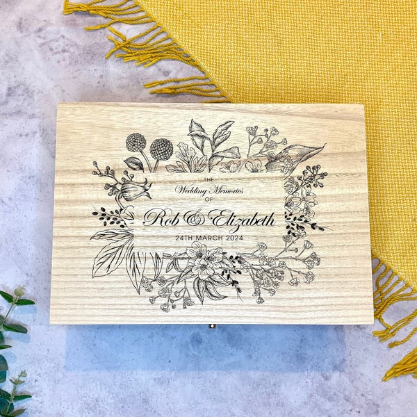 Large Personalised Engraved Wooden Wedding Keepsake Memory Box with Botanical Flower Frame