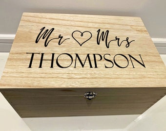 Large Personalised Engraved Wooden Mr and Mrs Keepsake Box with Heart