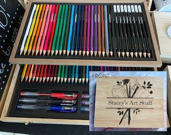 Personalised Engraved Wooden 75 Piece Art Box with Colouring Pencils and Artists Monogram