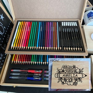 Personalised Engraved Wooden 75 Piece Art Box with Colouring Pencils and Floral Monogram