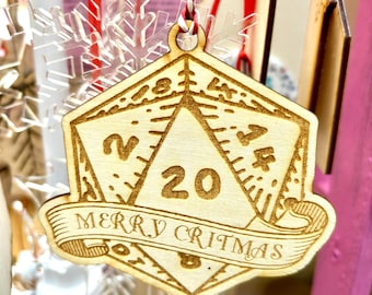 Merry Critmas D20 Dice Christmas Bauble, Critical Hit Wooden DnD Christmas Ornament