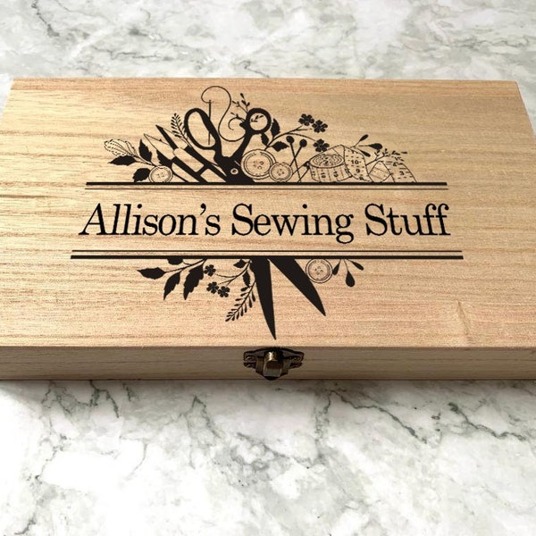 Personalised Engraved Wooden Sewing Box with Scissors, Needle and Thread