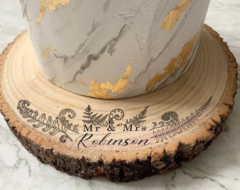 Personalised Engraved Wood Slice, Wedding Cake Display Board with Ferns