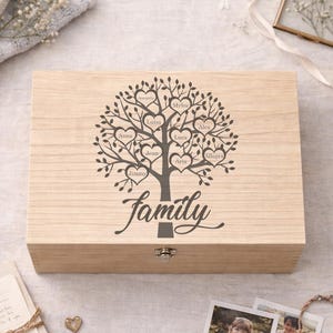May include: A light wooden box with a family tree design. The tree features heart-shaped leaves with names, and the word "family" is written below. The box is surrounded by photos and decorative items.