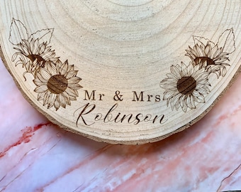Personalised Engraved Wood Slice, Wedding Cake Display Board with Sunflowers
