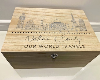 Large Personalised Engraved Wooden Memory Box, Famous Landmarks, World Travel Box