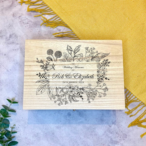Large Personalised Engraved Wooden Wedding Keepsake Memory Box with Botanical Flower Frame