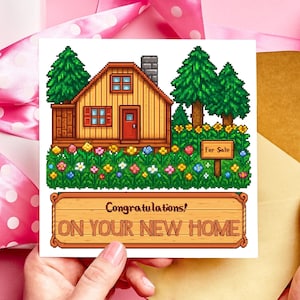 Félicitations Stardew New Home Card, Retro Gaming, Cosy Games, 16 bits, Pixel Card, Cottage core