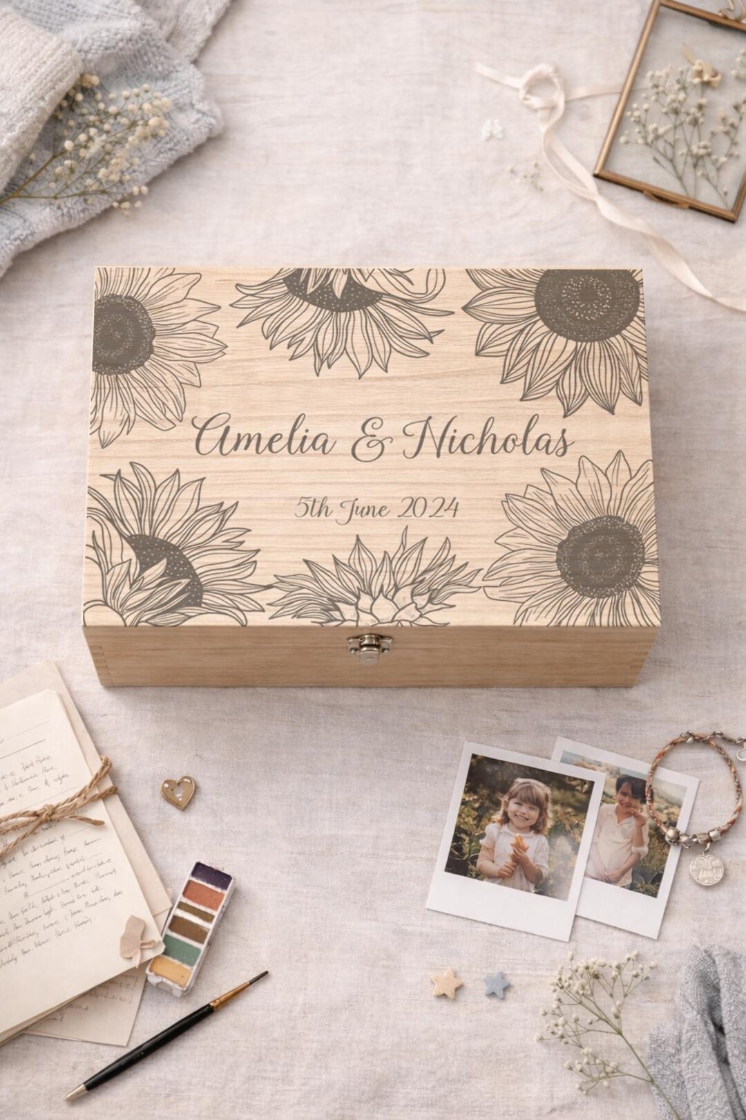 Personalised Sunflower Wooden Keepsake Box | Wedding Anniversary Memory ...