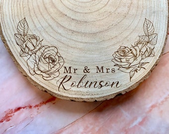 Personalised Engraved Wood Slice, Wedding Cake Display Board with Roses