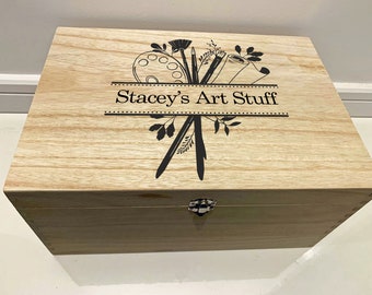 Large Personalised Engraved Wooden Art Box with Paintbrush and Palette design