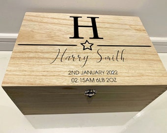 Large Personalised Engraved Wooden Baby Initial Keepsake Memory Box with Stars