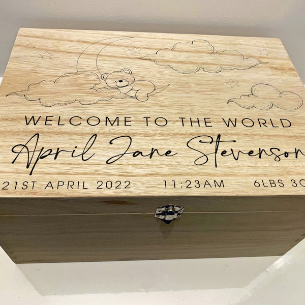 Large Personalised Engraved Wooden Baby Keepsake Memory Box, Baby Bear in the Clouds, Welcome to the World