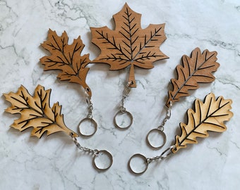 Wooden Leaf Keyring, Oak leaf keyring, Maple leaf keyring