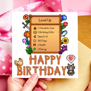 Carte d'anniversaire Stardew de niveau supérieur, jeux rétro, jeux confortables, 16 bits, carte pixel, noyau Cottage