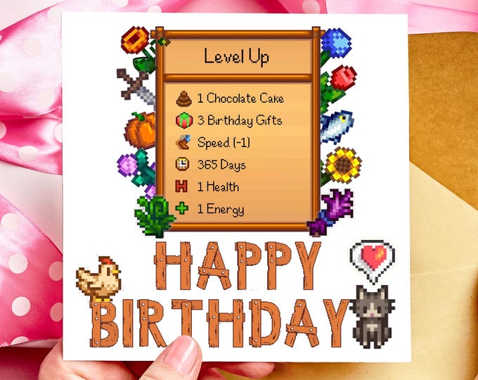 Level Up Stardew Birthday Card: Retro 16 Bit Cosy Cottagecore Pixel Gaming