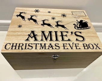 Large Personalised Engraved Wooden Christmas Eve Box with Santa's Sleigh and Reindeer