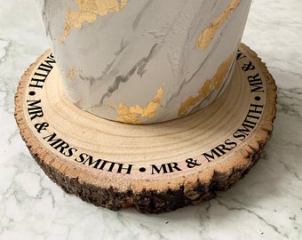 Personalized Engraved Wood Slice: Rustic Wedding Cake Display