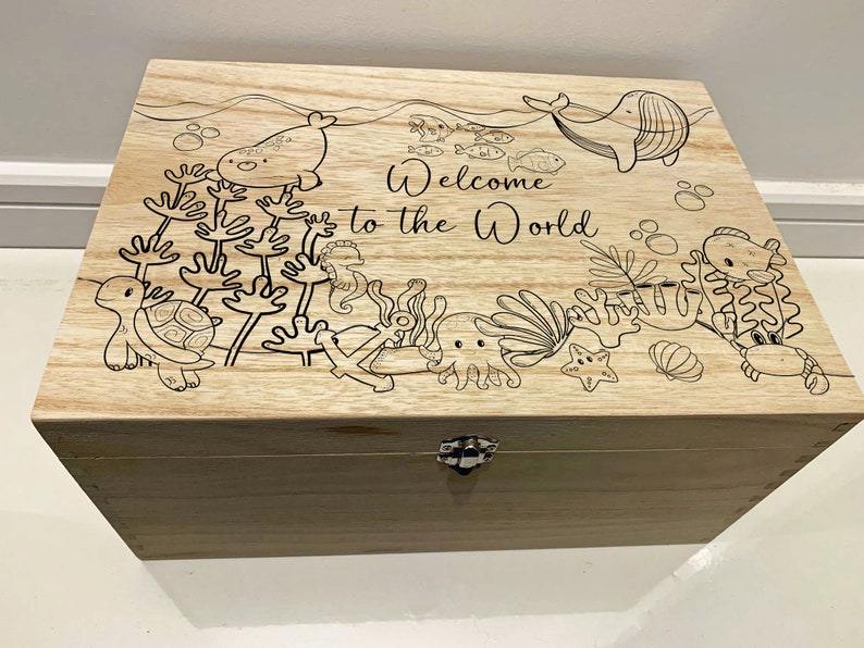 Large Personalised Engraved Wooden Baby Keepsake Memory Box With Under ...