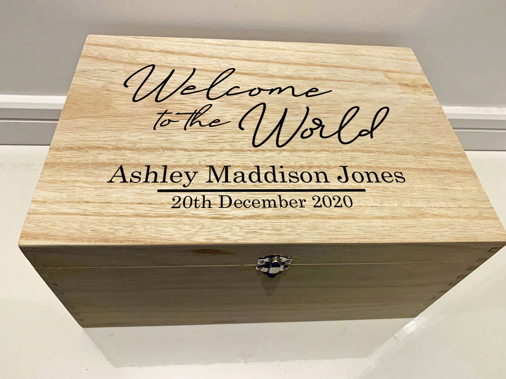 Large Personalised Engraved Wooden Baby Keepsake Memory Box, Welcome to ...