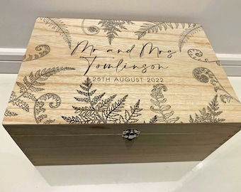 Large Personalised Engraved Wooden Wedding Keepsake Memory Box with Ferns