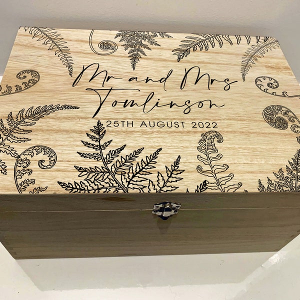 Large Personalised Engraved Wooden Wedding Keepsake Memory Box with Ferns