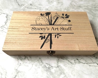 Personalised Engraved Wooden Art Box with Paintbrush and Palette