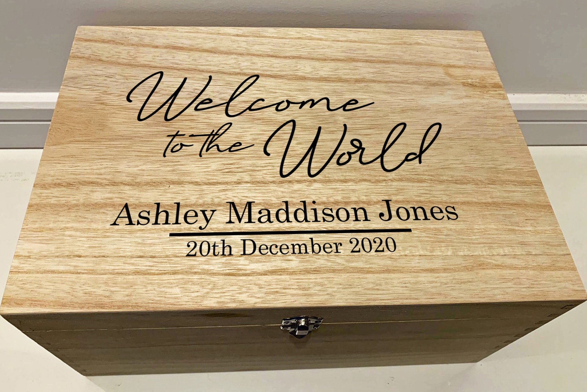 Large Personalised Engraved Wooden Baby Keepsake Memory Box, Welcome to ...
