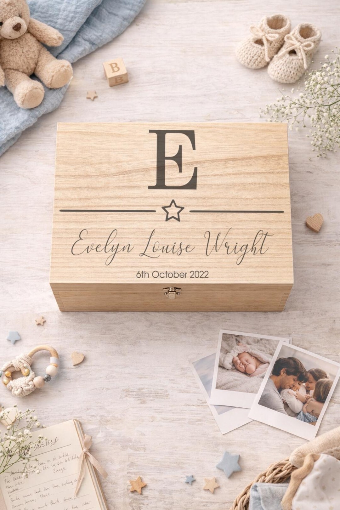 Large Personalised Engraved Wooden Baby Initial Keepsake Memory Box ...