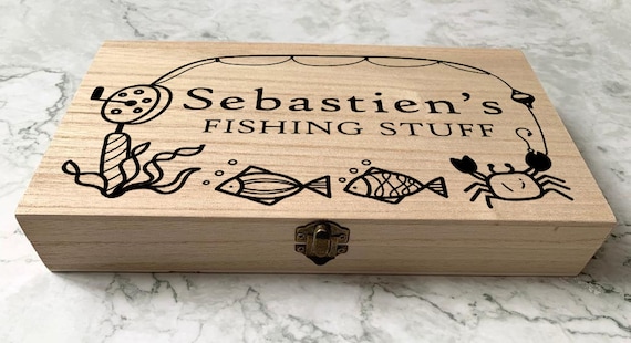 Personalised Engraved Wooden Fishing Box, Tackle Box With Fishing Line, Fish  and Crab 