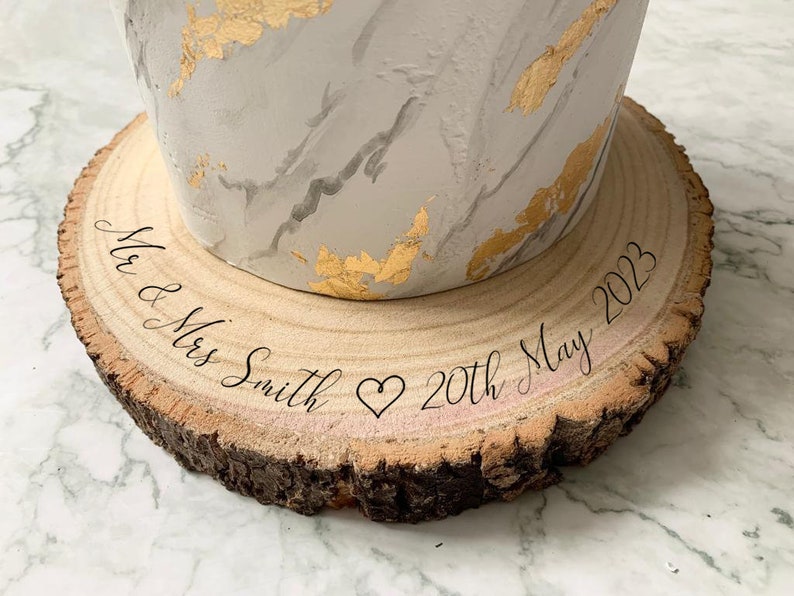 Personalised Engraved Wood Slice, Wedding Cake Display Board with Heart image 1