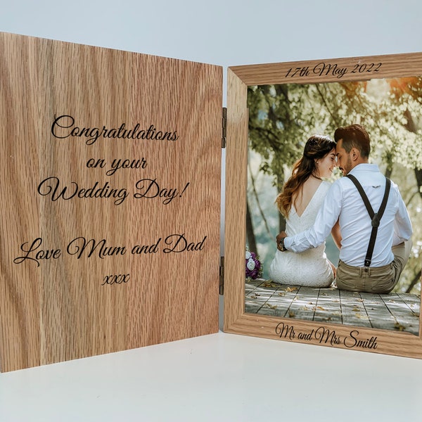 Solid Oak Personalised Engraved Folding Wedding Photo Frame