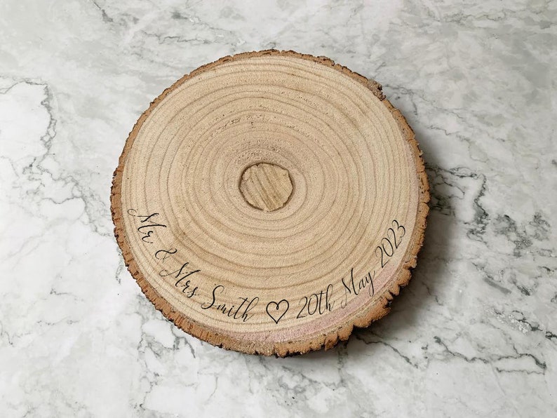 Personalised Engraved Wood Slice, Wedding Cake Display Board with Heart image 10