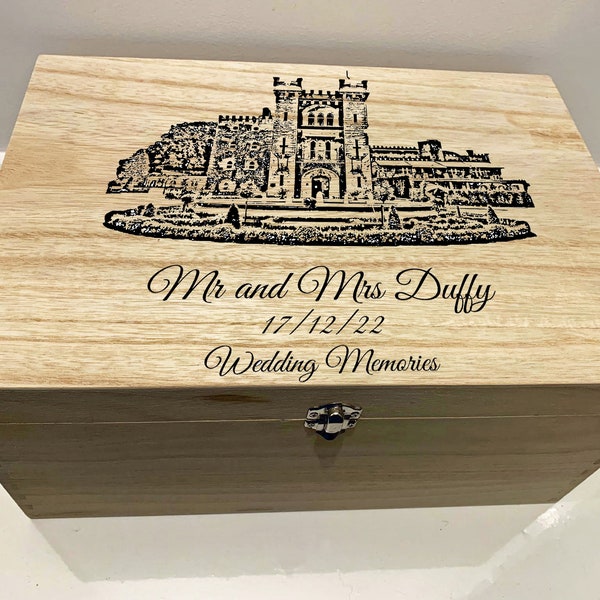 Large Personalised Engraved Wooden Wedding Keepsake Memory Box with Wedding Venue