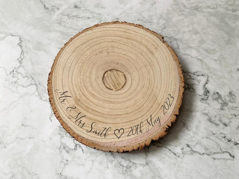 Personalised Engraved Wood Slice, Wedding Cake Display Board with Heart image 2